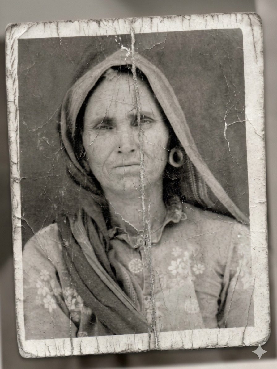 Damaged black and white photo of an elderly woman before restoration